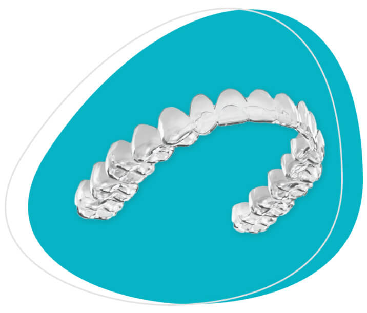 A clear aligner in front of a blue background